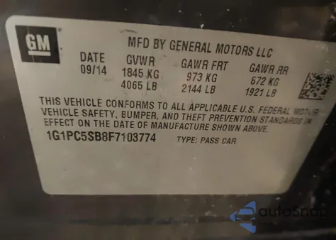 2015 Chevrolet Cruze 1Lt Auto z USA, uszkodzony, nr VIN 1G1PC5SB8F7103774